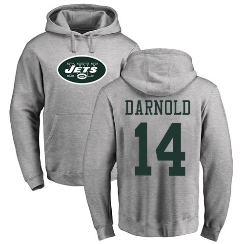 New York Jets Men Ash Sam Darnold Name and Number Logo NFL Football #14 Pullover Hoodie Sweatshirts